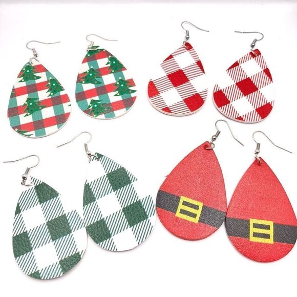 Women’s Set of 4 pairs Christmas Holiday Faux Leather earrings - Picture 1 of 5